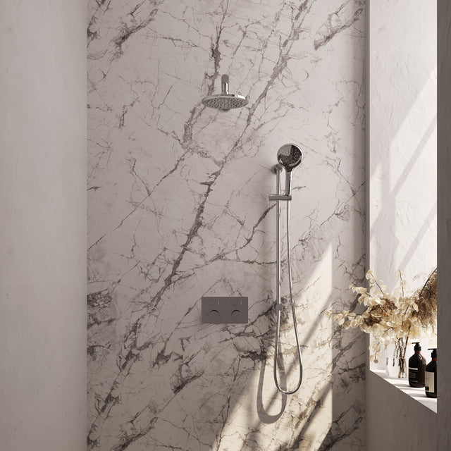 BRAUER Chrome Carving thermostatische inbouw regendouche met drukknoppen SET 67 met 20 cm douchekop en rechte muurarm en 3-standen handdouche en doucheslang en geïntegreerde glijstang chroom