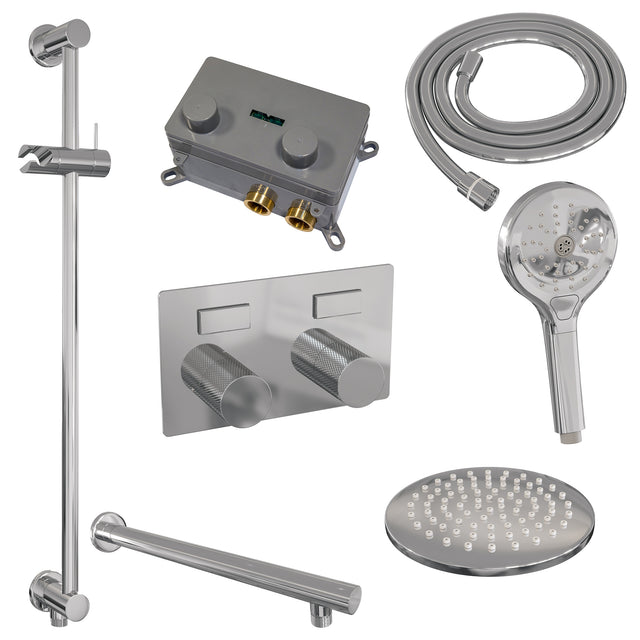 BRAUER Chrome Carving thermostatische inbouw regendouche met drukknoppen SET 67 met 20 cm douchekop en rechte muurarm en 3-standen handdouche en doucheslang en geïntegreerde glijstang chroom