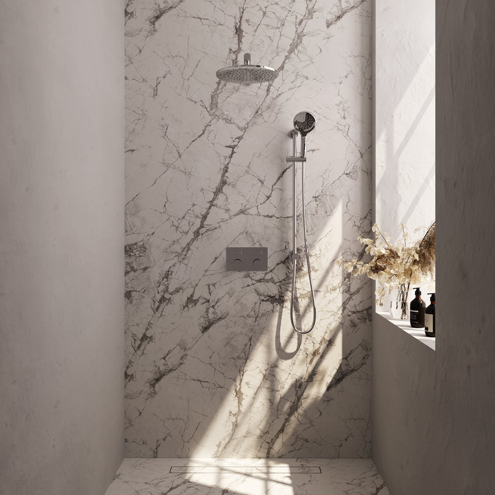 BRAUER Chrome Carving thermostatische inbouw regendouche met drukknoppen SET 68 met 30 cm douchekop en rechte muurarm en 3-standen handdouche en doucheslang en geïntegreerde glijstang chroom