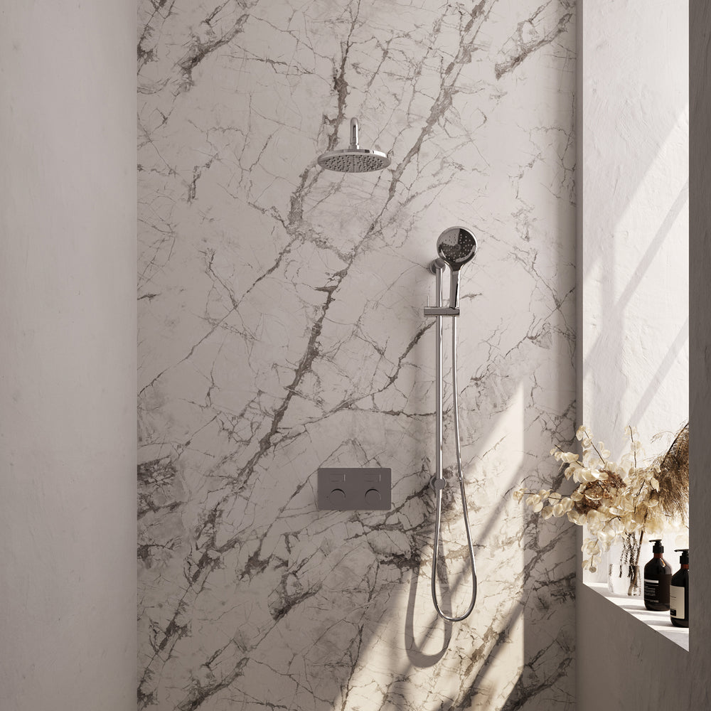 BRAUER Chrome Carving thermostatische inbouw regendouche met drukknoppen SET 69 met 20 cm douchekop en gebogen muurarm en 3-standen handdouche en doucheslang en geïntegreerde glijstang chroom