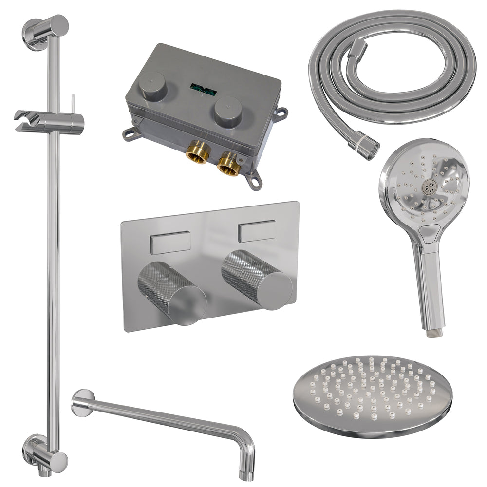BRAUER Chrome Carving thermostatische inbouw regendouche met drukknoppen SET 69 met 20 cm douchekop en gebogen muurarm en 3-standen handdouche en doucheslang en geïntegreerde glijstang chroom