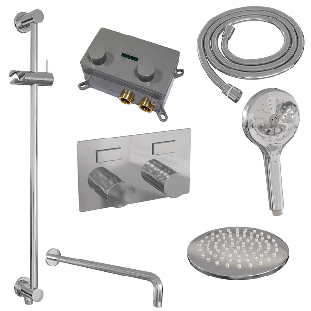 BRAUER Chrome Carving thermostatische inbouw regendouche met drukknoppen SET 69 met 20 cm douchekop en gebogen muurarm en 3-standen handdouche en doucheslang en geïntegreerde glijstang chroom