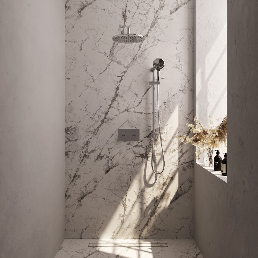 BRAUER Chrome Carving thermostatische inbouw regendouche met drukknoppen SET 70 met 30 cm douchekop en gebogen muurarm en 3-standen handdouche en doucheslang en geïntegreerde glijstang chroom