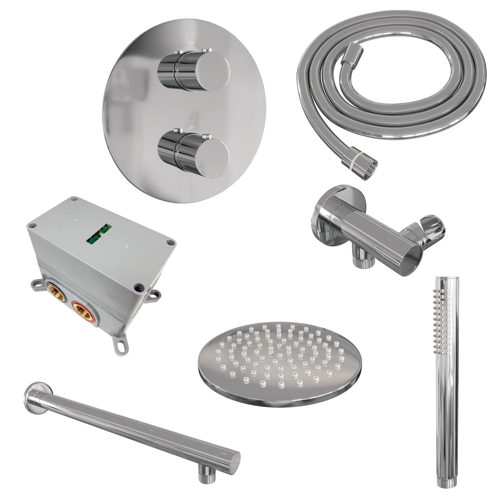 BRAUER Chrome Edition thermostatische inbouw regendouche 3-weg rond SET 73 met 20 cm douchekop en rechte muurarm en staaf handdouche en doucheslang en wandaansluitbocht chroom 5-CE-267