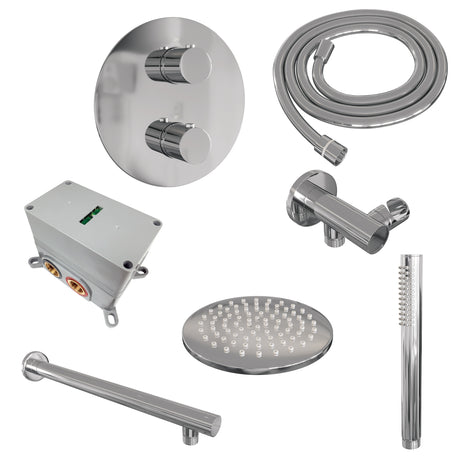 BRAUER Chrome Edition thermostatische inbouw regendouche 3-weg rond SET 73 met 20 cm douchekop en rechte muurarm en staaf handdouche en doucheslang en wandaansluitbocht chroom 5-CE-267