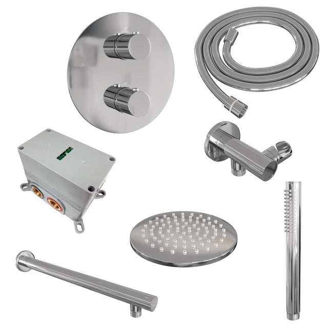 BRAUER Chrome Edition thermostatische inbouw regendouche 3-weg rond SET 73 met 20 cm douchekop en rechte muurarm en staaf handdouche en doucheslang en wandaansluitbocht chroom 5-CE-267