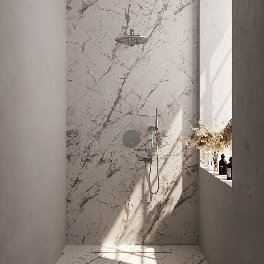 BRAUER Chrome Edition thermostatische inbouw regendouche 3-weg rond SET 74 met 30 cm douchekop en rechte muurarm en staaf handdouche en doucheslang en wandaansluitbocht chroom 5-CE-268