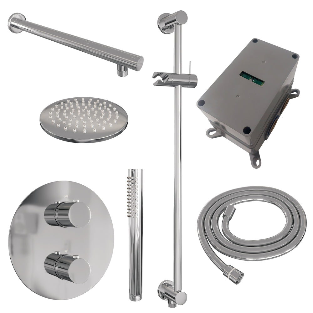 BRAUER Chrome Edition thermostatische inbouw regendouche 3-weg rond SET 85 met 20 cm douchekop en rechte muurarm en staaf handdouche en doucheslang en geïntegreerde glijstang chroom 5-CE-279