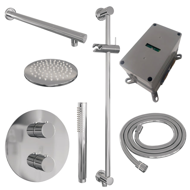 BRAUER Chrome Edition thermostatische inbouw regendouche 3-weg rond SET 85 met 20 cm douchekop en rechte muurarm en staaf handdouche en doucheslang en geïntegreerde glijstang chroom 5-CE-279