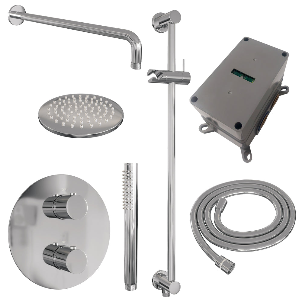 BRAUER Chrome Edition thermostatische inbouw regendouche 3-weg rond SET 87 met 20 cm douchekop en gebogen muurarm en staaf handdouche en doucheslang en geïntegreerde glijstang chroom 5-CE-281