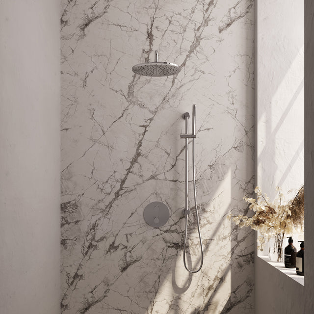 BRAUER Chrome Edition thermostatische inbouw regendouche 3-weg rond SET 88 met 30 cm douchekop en gebogen muurarm en staaf handdouche en doucheslang en geïntegreerde glijstang chroom 5-CE-282