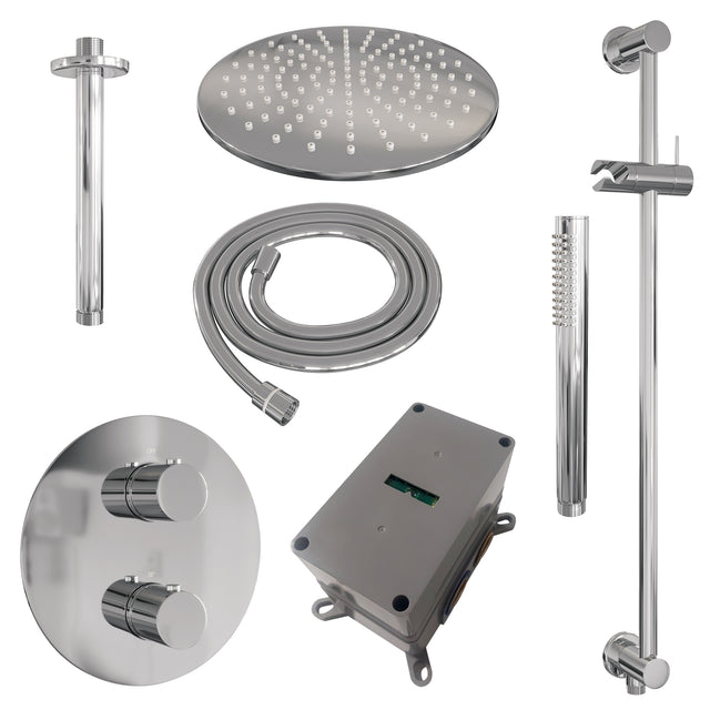 BRAUER Chrome Edition thermostatische inbouw regendouche 3-weg rond SET 90 met 30 cm douchekop en plafondarm en staaf handdouche en doucheslang en geïntegreerde glijstang chroom 5-CE-284