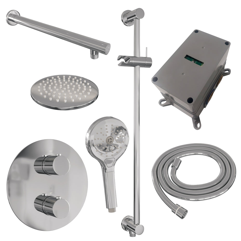 BRAUER Chrome Edition thermostatische inbouw regendouche 3-weg rond SET 91 met 20 cm douchekop en rechte muurarm en 3-standen handdouche en doucheslang en geïntegreerde glijstang chroom 5-CE-285