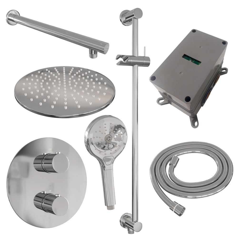 BRAUER Chrome Edition thermostatische inbouw regendouche 3-weg rond SET 92 met 30 cm douchekop en rechte muurarm en 3-standen handdouche en doucheslang en geïntegreerde glijstang chroom 5-CE-286