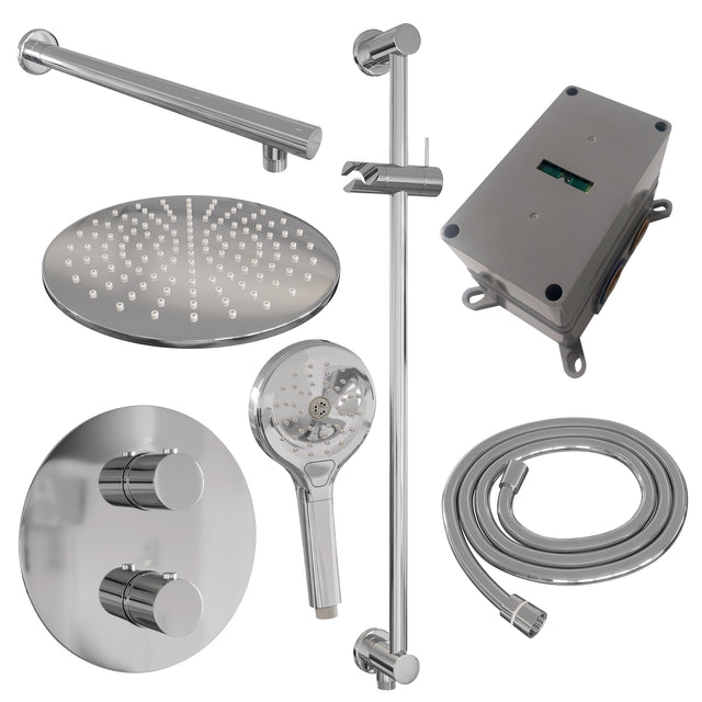 BRAUER Chrome Edition thermostatische inbouw regendouche 3-weg rond SET 92 met 30 cm douchekop en rechte muurarm en 3-standen handdouche en doucheslang en geïntegreerde glijstang chroom 5-CE-286