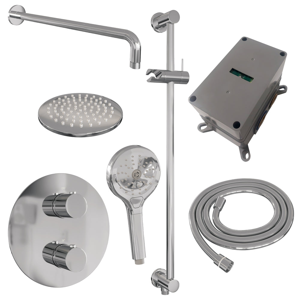 BRAUER Chrome Edition thermostatische inbouw regendouche 3-weg rond SET 93 met 20 cm douchekop en gebogen muurarm en 3-standen handdouche en doucheslang en geïntegreerde glijstang chroom 5-CE-287