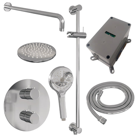 BRAUER Chrome Edition thermostatische inbouw regendouche 3-weg rond SET 93 met 20 cm douchekop en gebogen muurarm en 3-standen handdouche en doucheslang en geïntegreerde glijstang chroom 5-CE-287