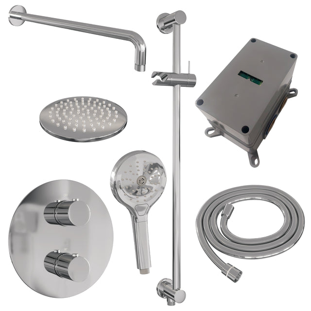 BRAUER Chrome Edition thermostatische inbouw regendouche 3-weg rond SET 93 met 20 cm douchekop en gebogen muurarm en 3-standen handdouche en doucheslang en geïntegreerde glijstang chroom 5-CE-287