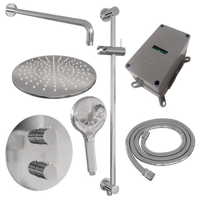 BRAUER Chrome Edition thermostatische inbouw regendouche 3-weg rond SET 94 met 30 cm douchekop en gebogen muurarm en 3-standen handdouche en doucheslang en geïntegreerde glijstang chroom 5-CE-288