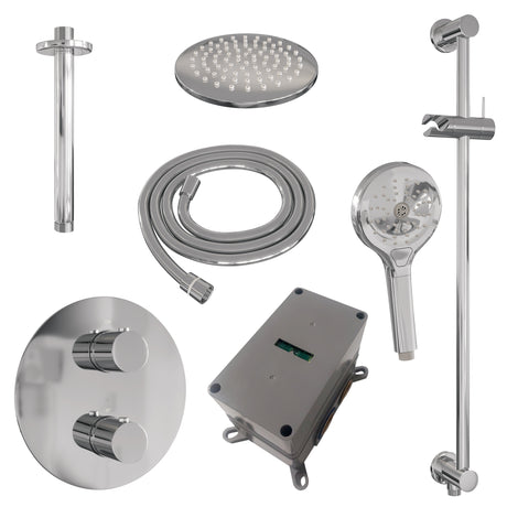 BRAUER Chrome Edition thermostatische inbouw regendouche 3-weg rond SET 95 met 20 cm douchekop en plafondarm en 3-standen handdouche en doucheslang en geïntegreerde glijstang chroom 5-CE-289