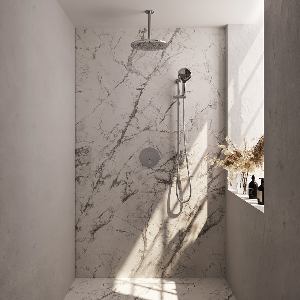 BRAUER Chrome Edition thermostatische inbouw regendouche 3-weg rond SET 96 met 30 cm douchekop en plafondarm en 3-standen handdouche en doucheslang en geïntegreerde glijstang chroom 5-CE-290