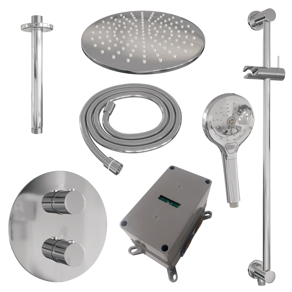 BRAUER Chrome Edition thermostatische inbouw regendouche 3-weg rond SET 96 met 30 cm douchekop en plafondarm en 3-standen handdouche en doucheslang en geïntegreerde glijstang chroom 5-CE-290
