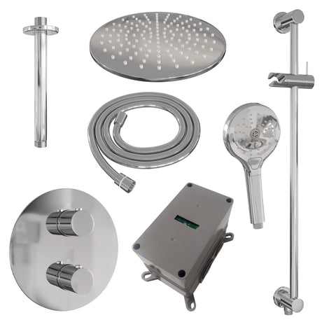 BRAUER Chrome Edition thermostatische inbouw regendouche 3-weg rond SET 96 met 30 cm douchekop en plafondarm en 3-standen handdouche en doucheslang en geïntegreerde glijstang chroom 5-CE-290
