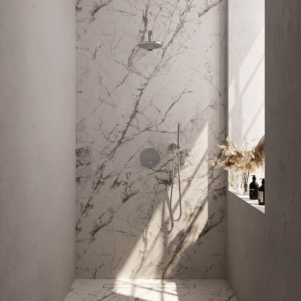 BRAUER Chrome Carving thermostatische inbouw regendouche 3-weg rond SET 73 met 20 cm douchekop en rechte muurarm en staaf handdouche en doucheslang en wandaansluitbocht chroom