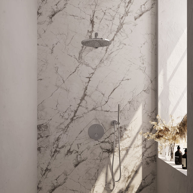 BRAUER Chrome Carving thermostatische inbouw regendouche 3-weg rond SET 74 met 30 cm douchekop en rechte muurarm en staaf handdouche en doucheslang en wandaansluitbocht chroom