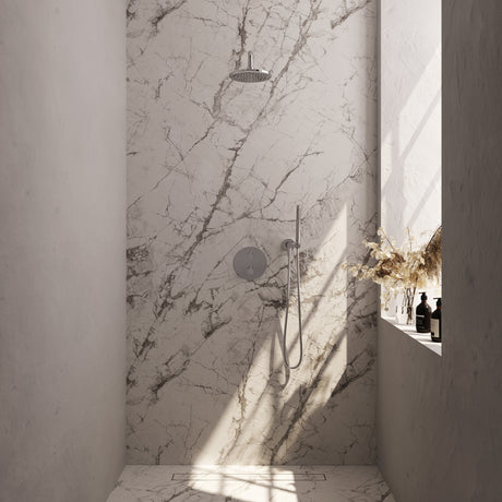 BRAUER Chrome Carving thermostatische inbouw regendouche 3-weg rond SET 75 met 20 cm douchekop en gebogen muurarm en staaf handdouche en doucheslang en wandaansluitbocht chroom