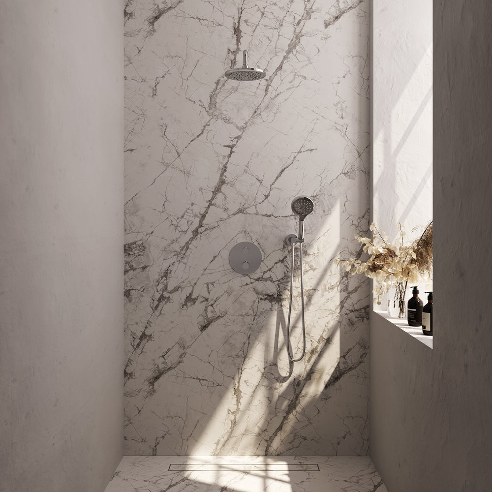 BRAUER Chrome Carving thermostatische inbouw regendouche 3-weg rond SET 81 met 20 cm douchekop en gebogen muurarm en 3-standen handdouche en doucheslang en wandaansluitbocht chroom