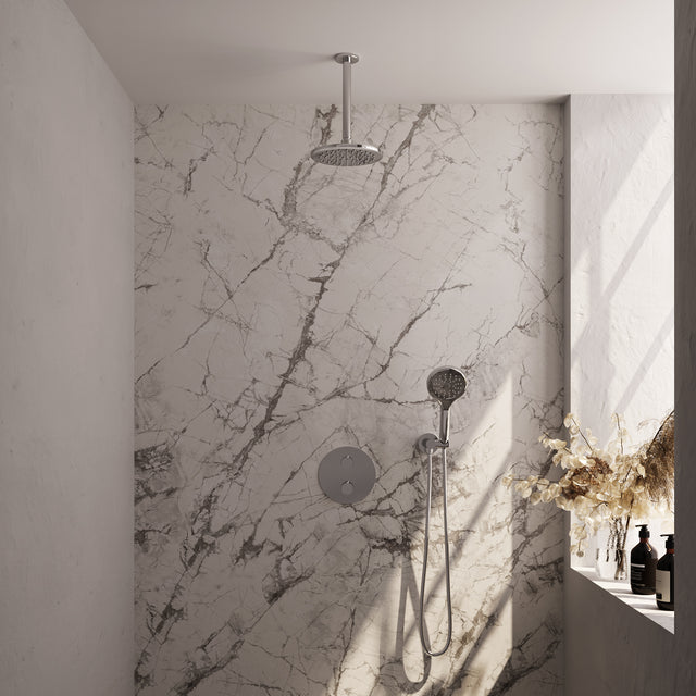 BRAUER Chrome Carving thermostatische inbouw regendouche 3-weg rond SET 83 met 20 cm douchekop en plafondarm en 3-standen handdouche en doucheslang en wandaansluitbocht chroom