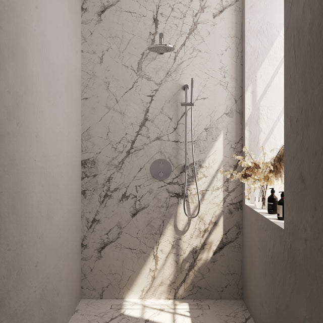 BRAUER Chrome Carving thermostatische inbouw regendouche 3-weg rond SET 85 met 20 cm douchekop en rechte muurarm en staaf handdouche en doucheslang en geïntegreerde glijstang chroom 5-CE-303