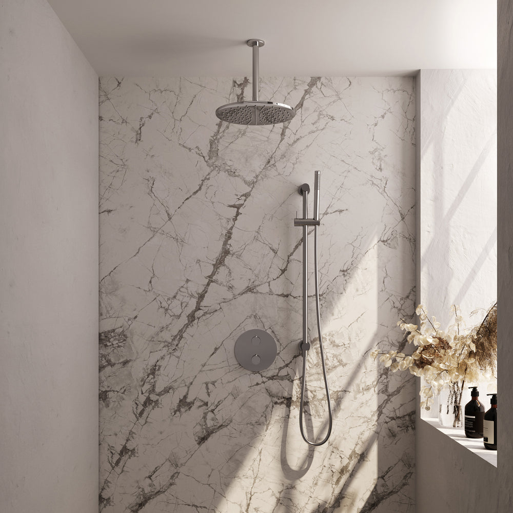 BRAUER Chrome Carving thermostatische inbouw regendouche 3-weg rond SET 90 met 30 cm douchekop en plafondarm en staaf handdouche en doucheslang en geïntegreerde glijstang chroom 5-CE-308