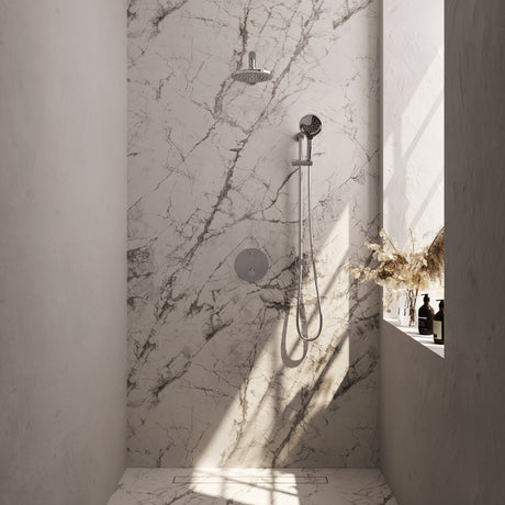 BRAUER Chrome Carving thermostatische inbouw regendouche 3-weg rond SET 91 met 20 cm douchekop en rechte muurarm en 3-standen handdouche en doucheslang en geïntegreerde glijstang chroom 5-CE-309