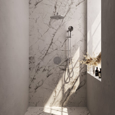 BRAUER Chrome Carving thermostatische inbouw regendouche 3-weg rond SET 92 met 30 cm douchekop en rechte muurarm en 3-standen handdouche en doucheslang en geïntegreerde glijstang chroom 5-CE-310