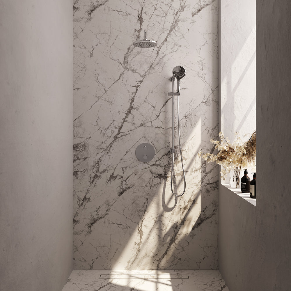 BRAUER Chrome Carving thermostatische inbouw regendouche 3-weg rond SET 93 met 20 cm douchekop en gebogen muurarm en 3-standen handdouche en doucheslang en geïntegreerde glijstang chroom 5-CE-311