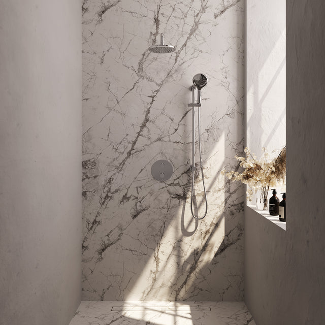 BRAUER Chrome Carving thermostatische inbouw regendouche 3-weg rond SET 93 met 20 cm douchekop en gebogen muurarm en 3-standen handdouche en doucheslang en geïntegreerde glijstang chroom 5-CE-311