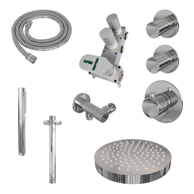 BRAUER Stripe thermostatische inbouw regendouche SET 03 met 25 cm douchekop en plafondarm en staaf handdouche en doucheslang en wandaansluitbocht chroom 5-CE-369