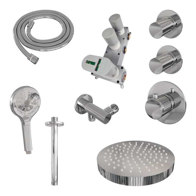 BRAUER Stripe thermostatische inbouw regendouche SET 06 met 25 cm douchekop en plafondarm en 3-standen handdouche en doucheslang en wandaansluitbocht chroom 5-CE-375