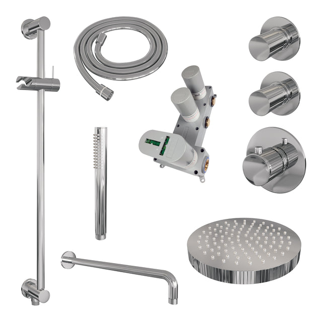 BRAUER Stripe thermostatische inbouw regendouche SET 08 met 25 cm douchekop en gebogen muurarm en staaf handdouche en doucheslang en geïntegreerde glijstang chroom 5-CE-379