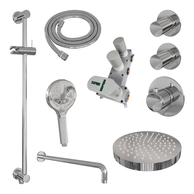 BRAUER Stripe thermostatische inbouw regendouche SET 11 met 25 cm douchekop en gebogen muurarm en 3-standen handdouche en doucheslang en geïntegreerde glijstang chroom 5-CE-385