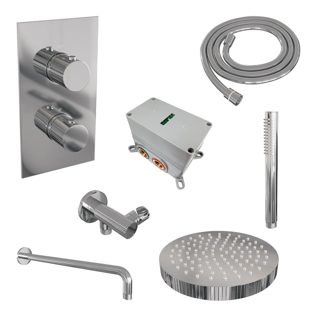 BRAUER Stripe thermostatische inbouw regendouche 3-weg rechthoekig SET 14 met 25 cm douchekop en gebogen muurarm en staaf handdouche en doucheslang en wandaansluitbocht chroom 5-CE-391