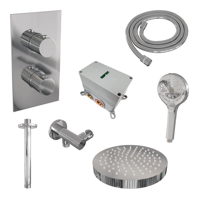 BRAUER Stripe thermostatische inbouw regendouche 3-weg rechthoekig SET 18 met 25 cm douchekop en plafondarm en 3-standen handdouche en doucheslang en wandaansluitbocht chroom 5-CE-399