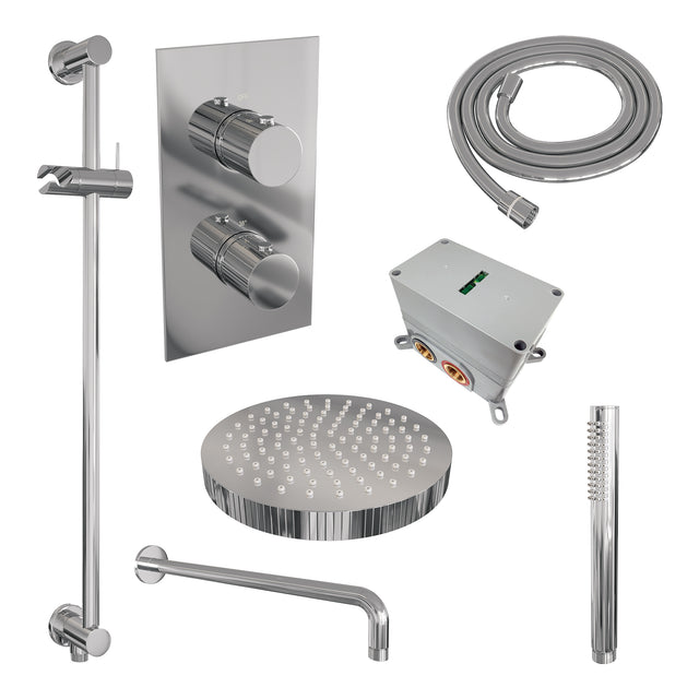 BRAUER Stripe thermostatische inbouw regendouche 3-weg rechthoekig SET 20 met 25 cm douchekop en gebogen muurarm en staaf handdouche en doucheslang en geïntegreerde glijstang chroom 5-CE-403
