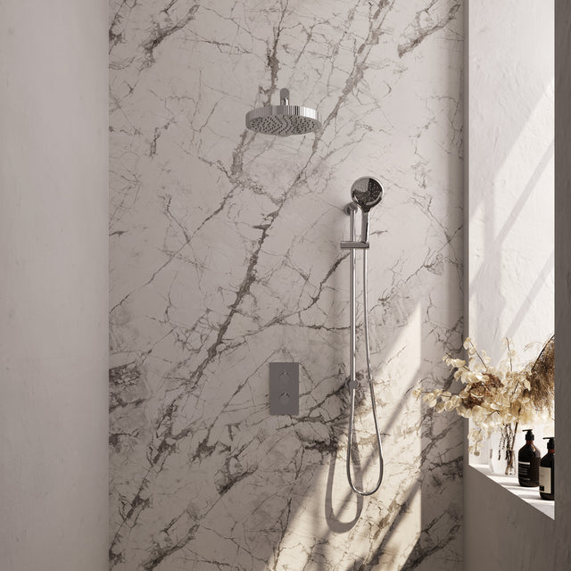 BRAUER Stripe thermostatische inbouw regendouche 3-weg rechthoekig SET 22 met 25 cm douchekop en rechte muurarm en 3-standen handdouche en doucheslang en geïntegreerde glijstang chroom 5-CE-407