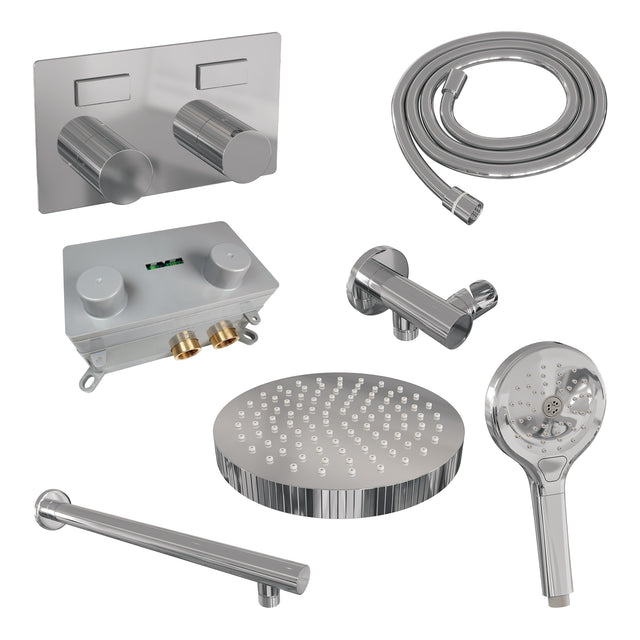BRAUER Stripe thermostatische inbouw regendouche met drukknoppen SET 28 met 25 cm douchekop en rechte muurarm en 3-standen handdouche en doucheslang en wandaansluitbocht chroom 5-CE-419