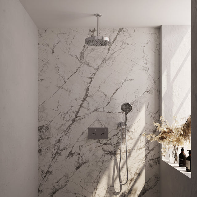 BRAUER Stripe thermostatische inbouw regendouche met drukknoppen SET 30 met 25 cm douchekop en plafondarm en 3-standen handdouche en doucheslang en wandaansluitbocht chroom 5-CE-423