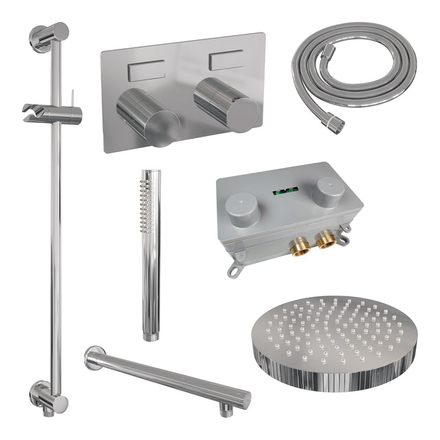 BRAUER Stripe thermostatische inbouw regendouche met drukknoppen SET 31 met 25 cm douchekop en rechte muurarm en staaf handdouche en doucheslang en geïntegreerde glijstang chroom 5-CE-425