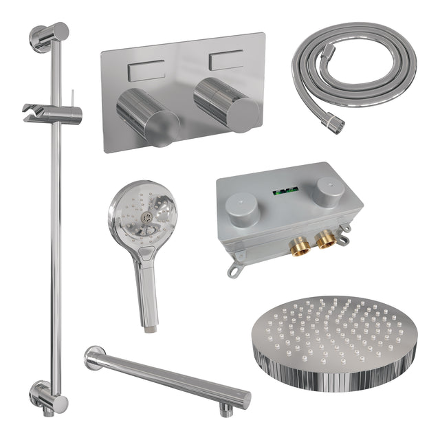 BRAUER Stripe thermostatische inbouw regendouche met drukknoppen SET 34 met 25 cm douchekop en rechte muurarm en 3-standen handdouche en doucheslang en geïntegreerde glijstang chroom 5-CE-431